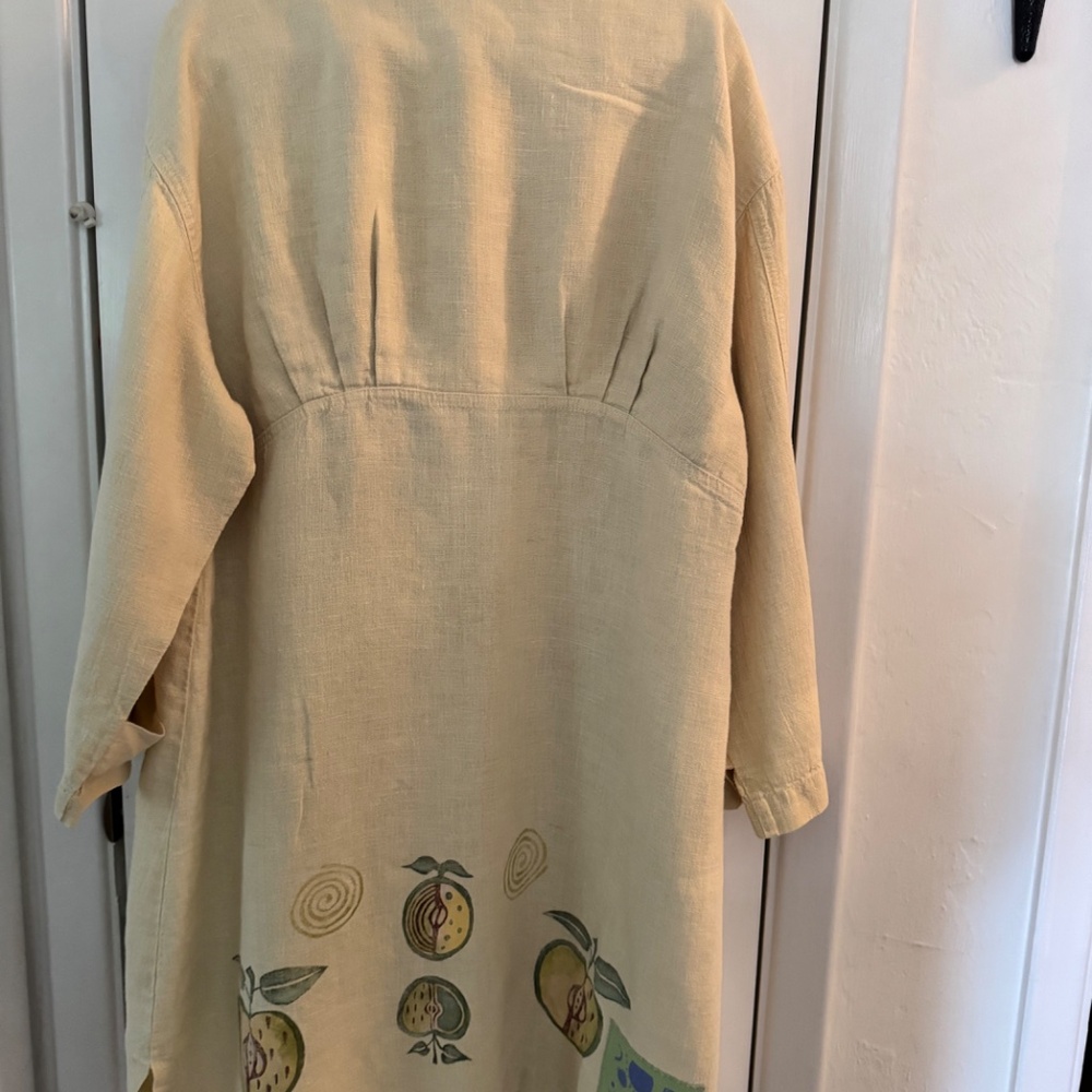 Blue Fish Hemp Linen Duster Jacket Dress Button Down Hand Paint Apples 1999 - Picture 12 of 16